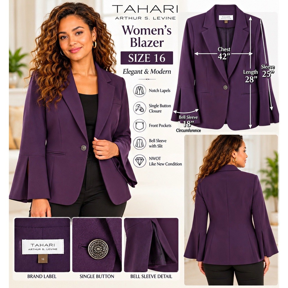 Tahari Arthur S. Levine Women's Purple Solid Blazer Notch Lapel Pockets 16